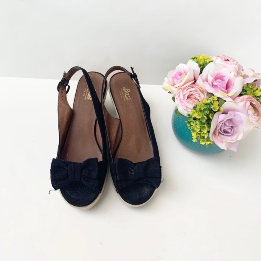 Bass Espadrille Wedge Sandals Women’s 8.5 Black Slingback Bow Open Toe Summer